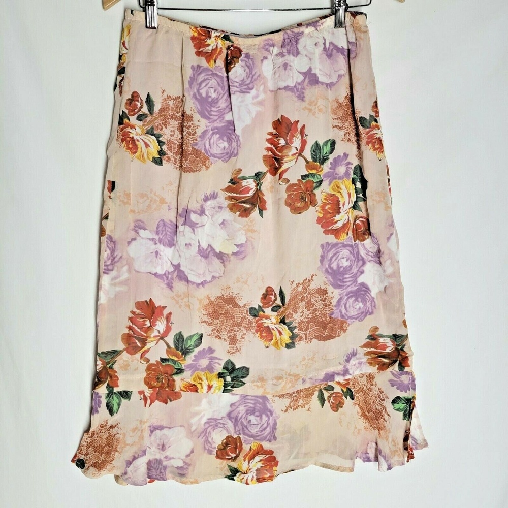 Vintage 90s CLIO Skirt Purple Red Floral Print Knee Length Size Large Rayon